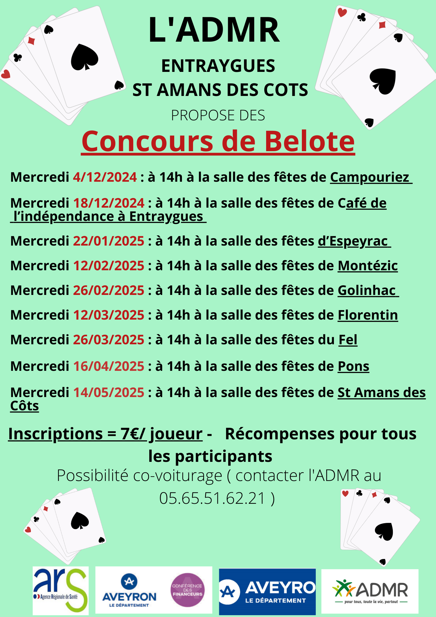 Lire la suite à propos de l’article Concours de belote de l’ADMR le 26 mars 2025 au Fel à 14 heures